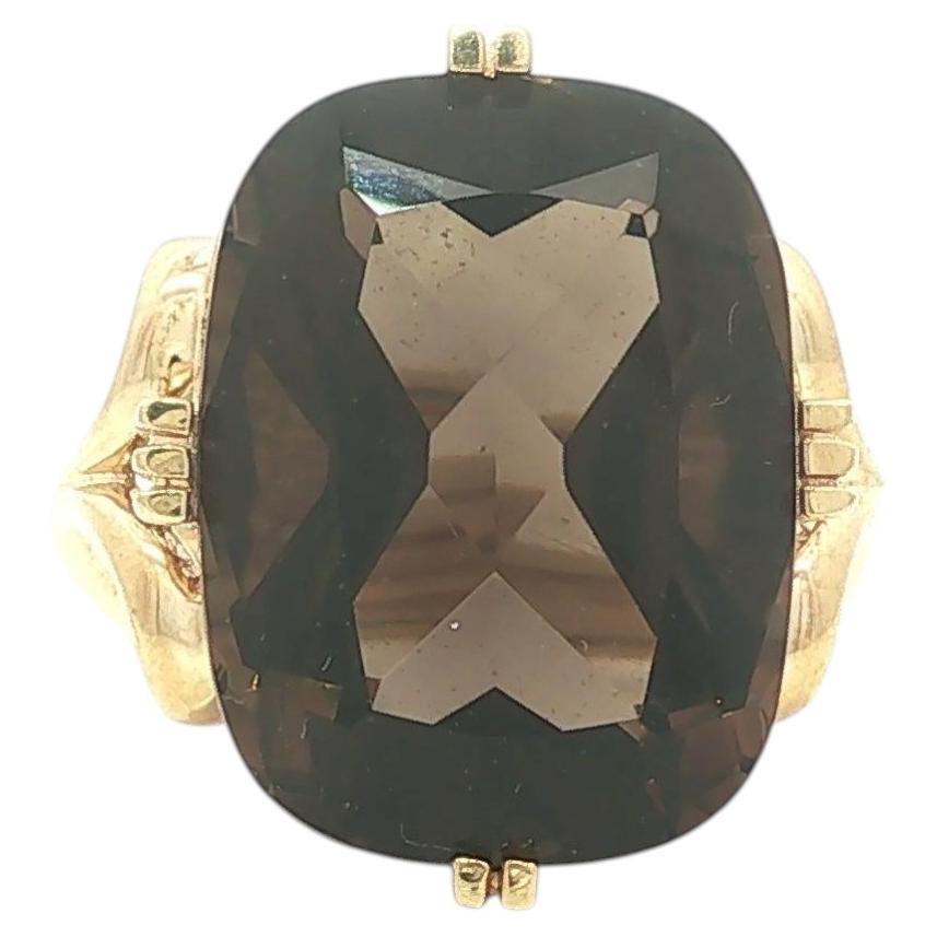 14k Yellow Gold Cushion Cut Prong Set Smokey Quartz Solitaire Ring For Sale