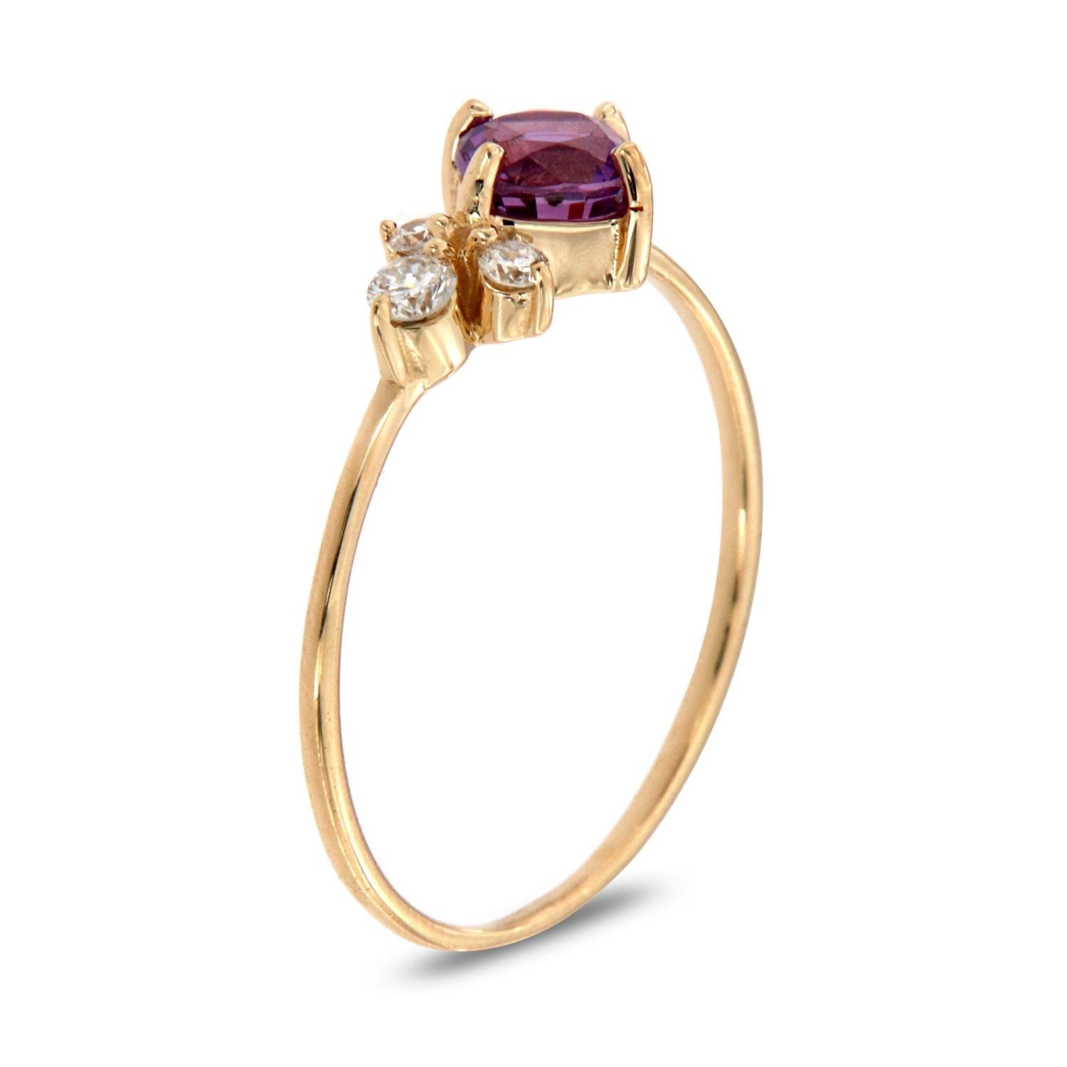 This petite organic designed ring is impressive in its vintage appeal, featuring a natural purple cushion shape sapphire, accented with a cluster of round brilliant diamonds. Experience the difference in person!

Product details: 

Center Gemstone
