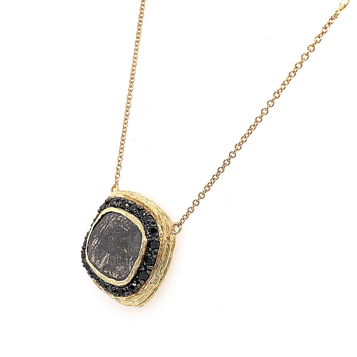 From our exclusive Alpinia collection, we are proud to present this handcrafted One-Of -A-Kind organic design necklace. An exotic combination of a Cushion shape Rosetta Salt & Pepper natural diamond, encircled by a halo of black diamonds. Four (4)