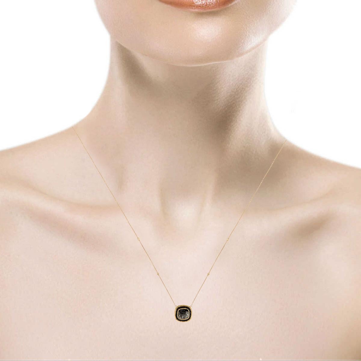 14K Gold Cushion Salt and Pepper and Black Diamond Necklace Center 5.24 Carat In New Condition For Sale In San Francisco, CA