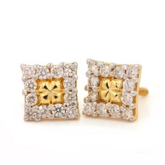 14k Yellow Gold Cushion Shape Designer Stud Earring Natural Pave Diamond Earring