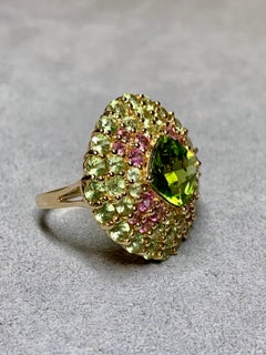 14K Yellow Gold Cushion Shaped Peridot Tourmaline Large Cocktail Ring Sz 7