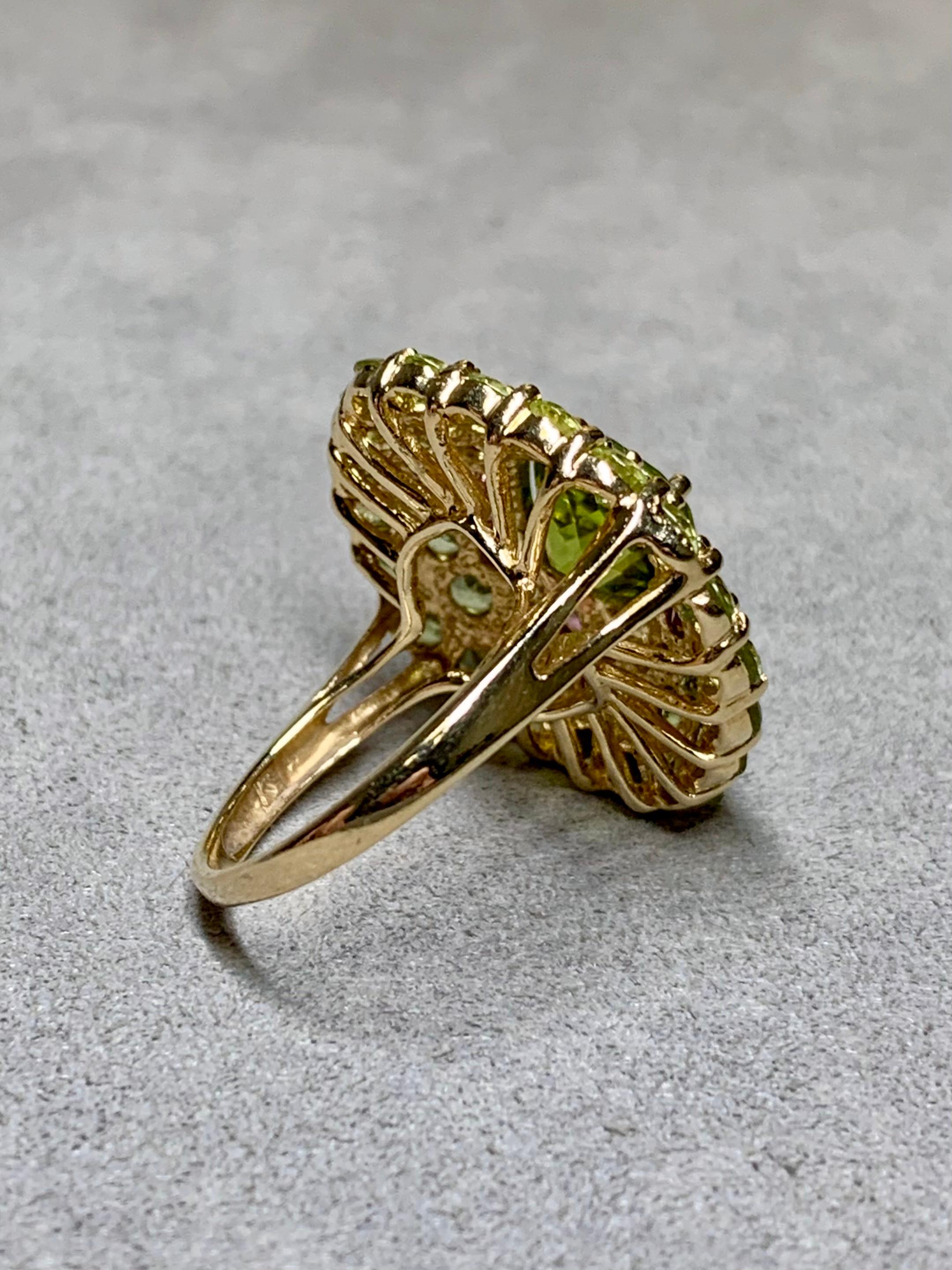 Contemporary 14K Yellow Gold Cushion Shaped Peridot Tourmaline Large Cocktail Ring Sz 7 For Sale