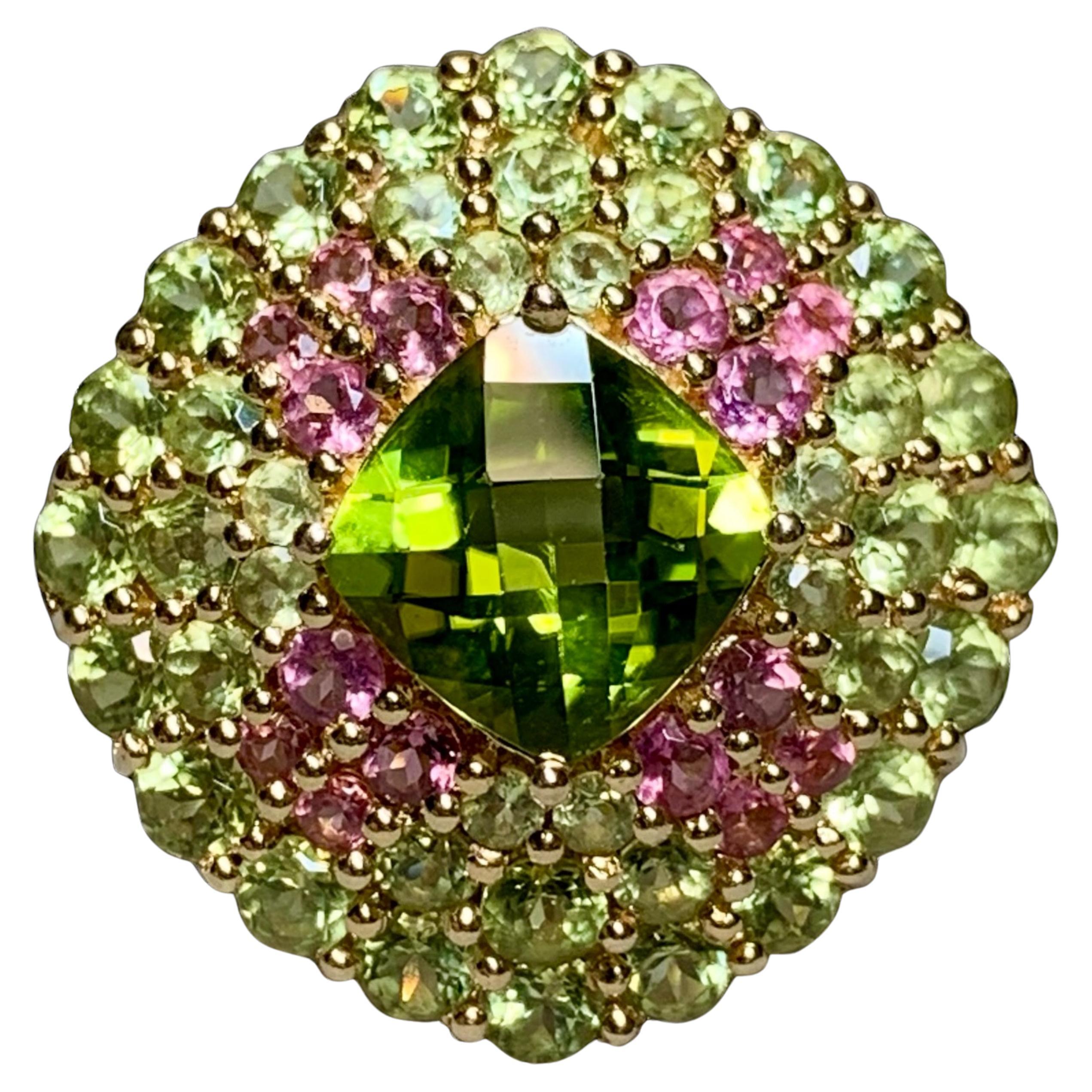 14K Yellow Gold Cushion Shaped Peridot Tourmaline Large Cocktail Ring Sz 7 For Sale