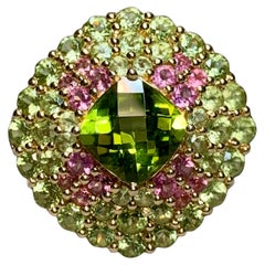 14K Yellow Gold Cushion Shaped Peridot Tourmaline Large Cocktail Ring Sz 7