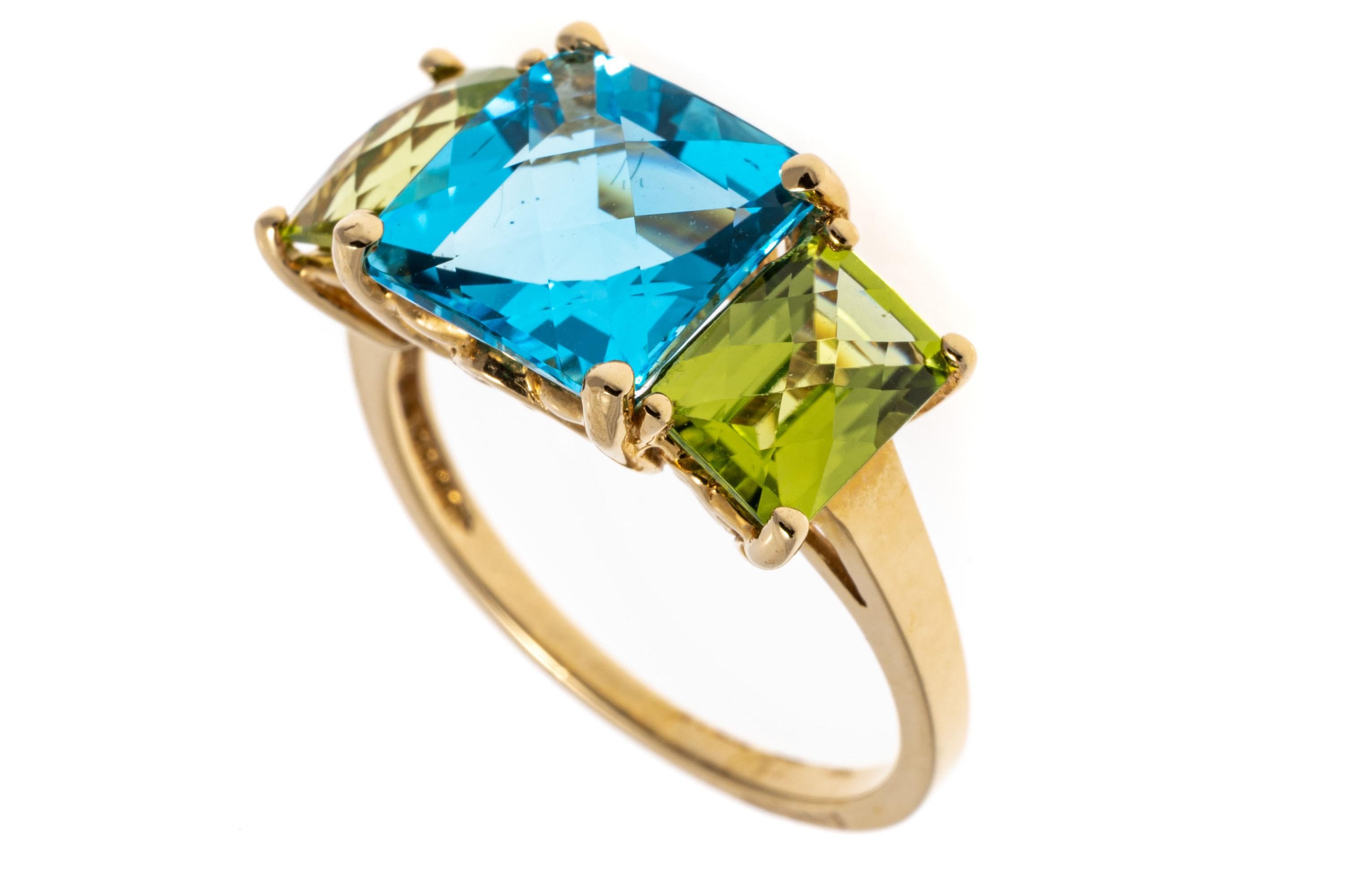 14k Yellow Gold Cushion Three Stone Swiss Blue Topaz and Peridot Ring For Sale 1