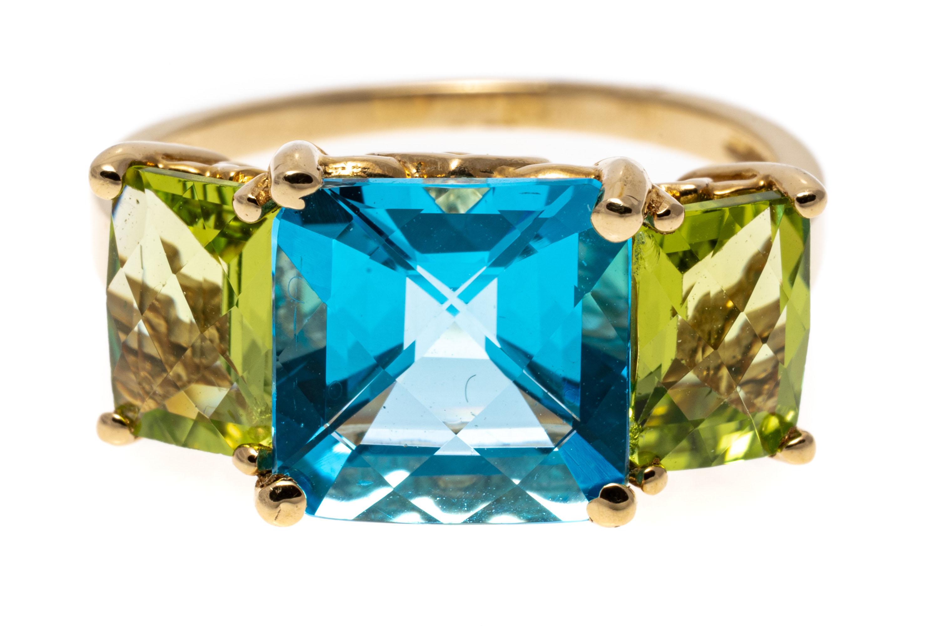 14k Yellow Gold Cushion Three Stone Swiss Blue Topaz and Peridot Ring For Sale 3