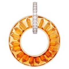 14K Yellow Gold Custom Cut Channel Set Citrine Baguettes Diamond Circle Pendant