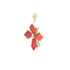 14k Yellow Gold Custom Cut Channel Set Mexican Fire Opal Cross Pendant
