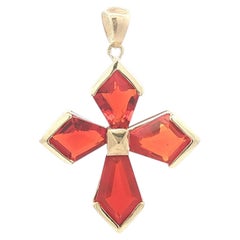 14k Yellow Gold Custom Cut Channel Set Mexican Fire Opal Cross Pendant