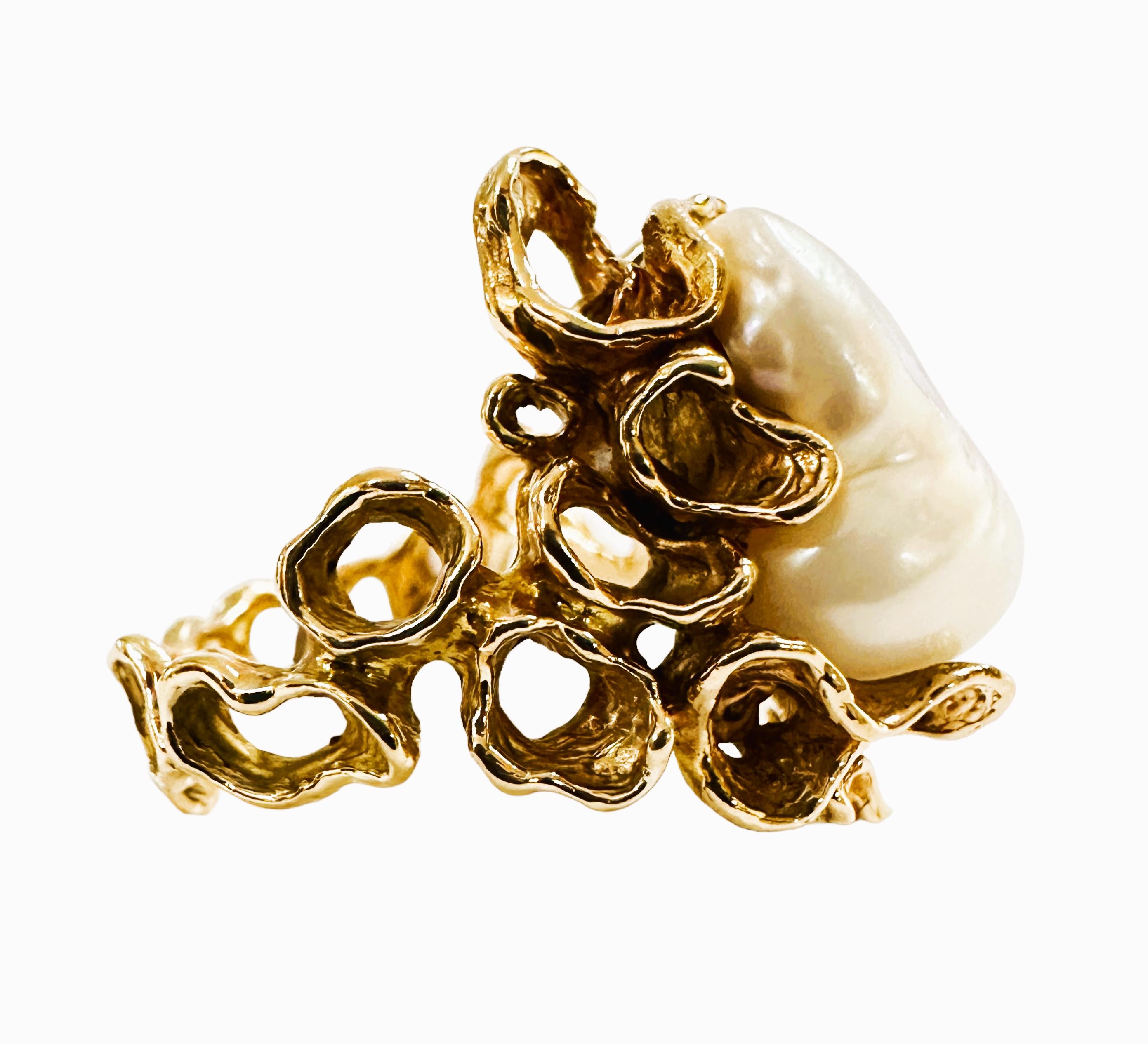 Women's 14K Yellow Gold Custom Made Baroque Pearl and Diamond Ring Size 7