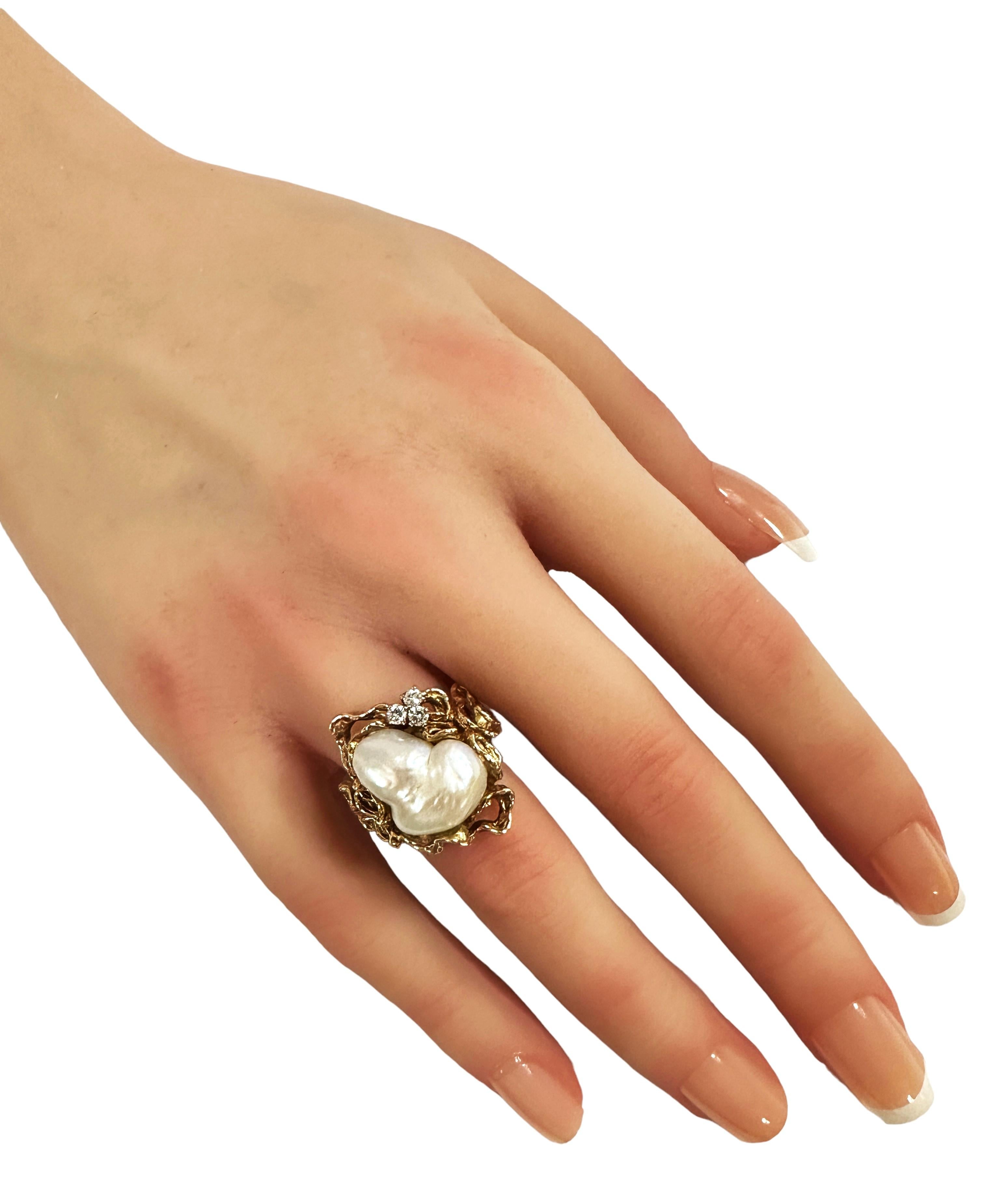 14K Yellow Gold Custom Made Baroque Pearl and Diamond Ring Size 7 1