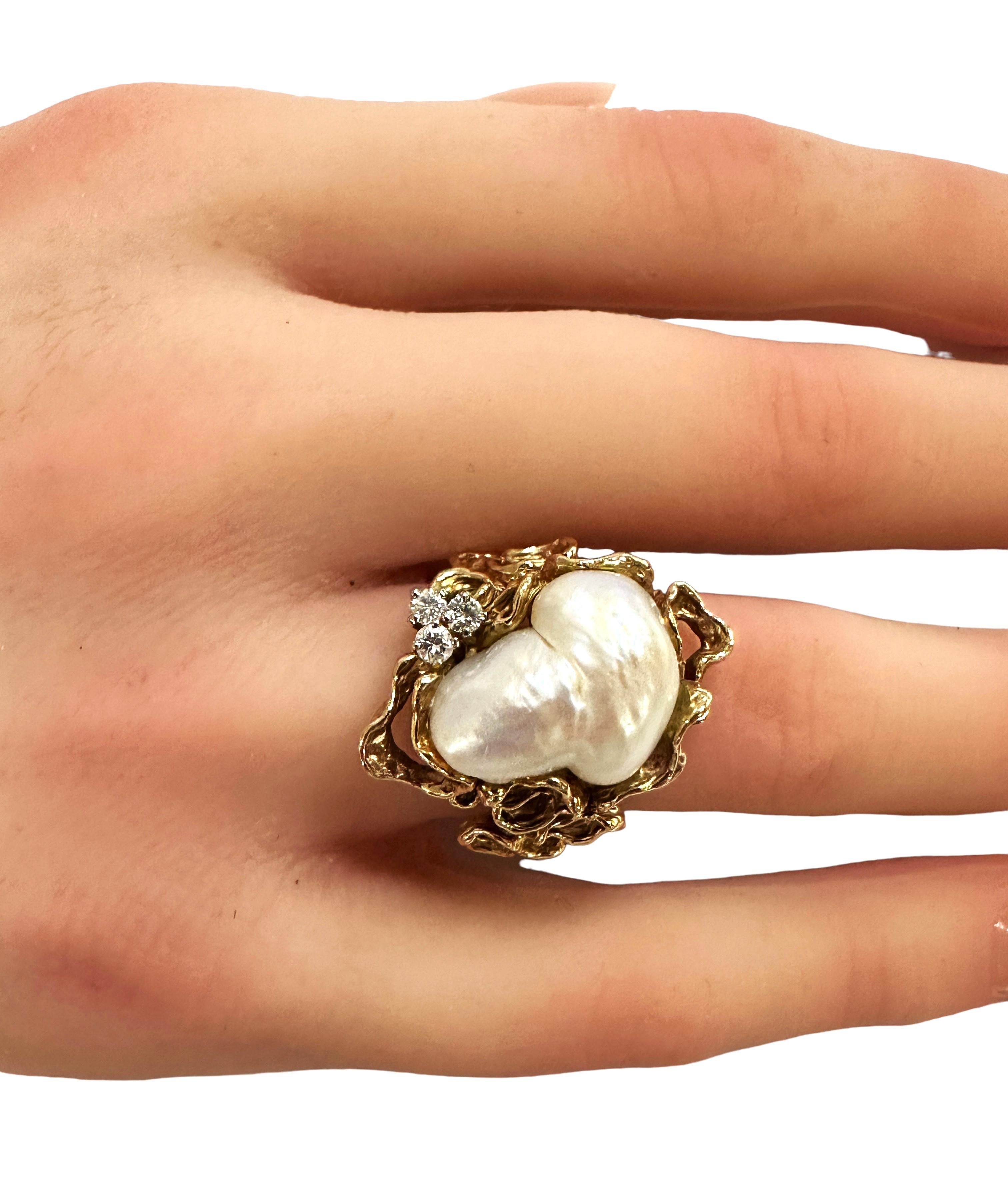 14K Yellow Gold Custom Made Baroque Pearl and Diamond Ring Size 7 2