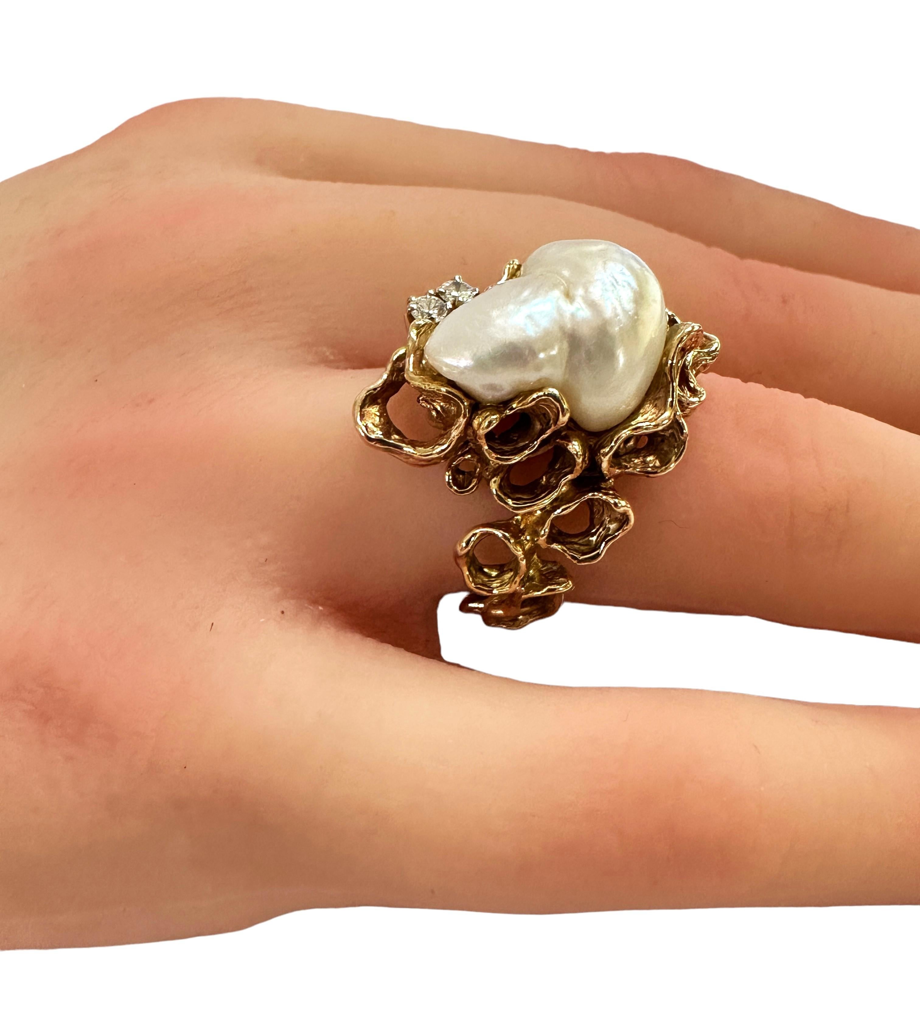 14K Yellow Gold Custom Made Baroque Pearl and Diamond Ring Size 7 3