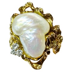 14K Yellow Gold Custom Made Baroque Pearl and Diamond Ring Size 7