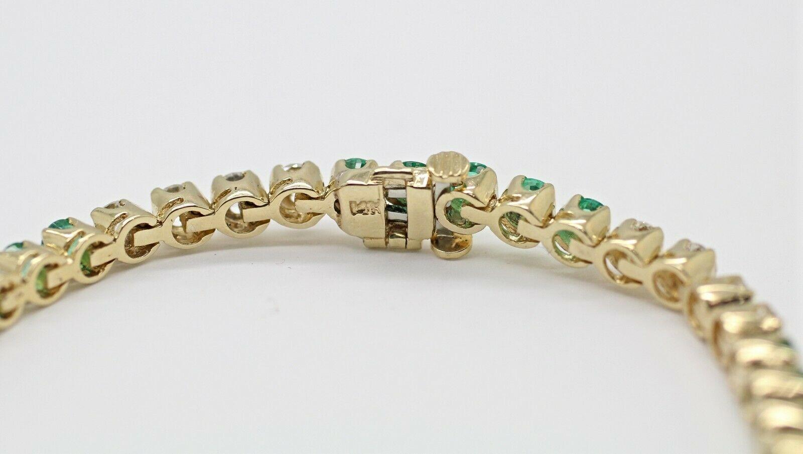Contemporary 14 Karat Gold Custom Made Bracelet with Very Clean Emeralds and Round Diamonds