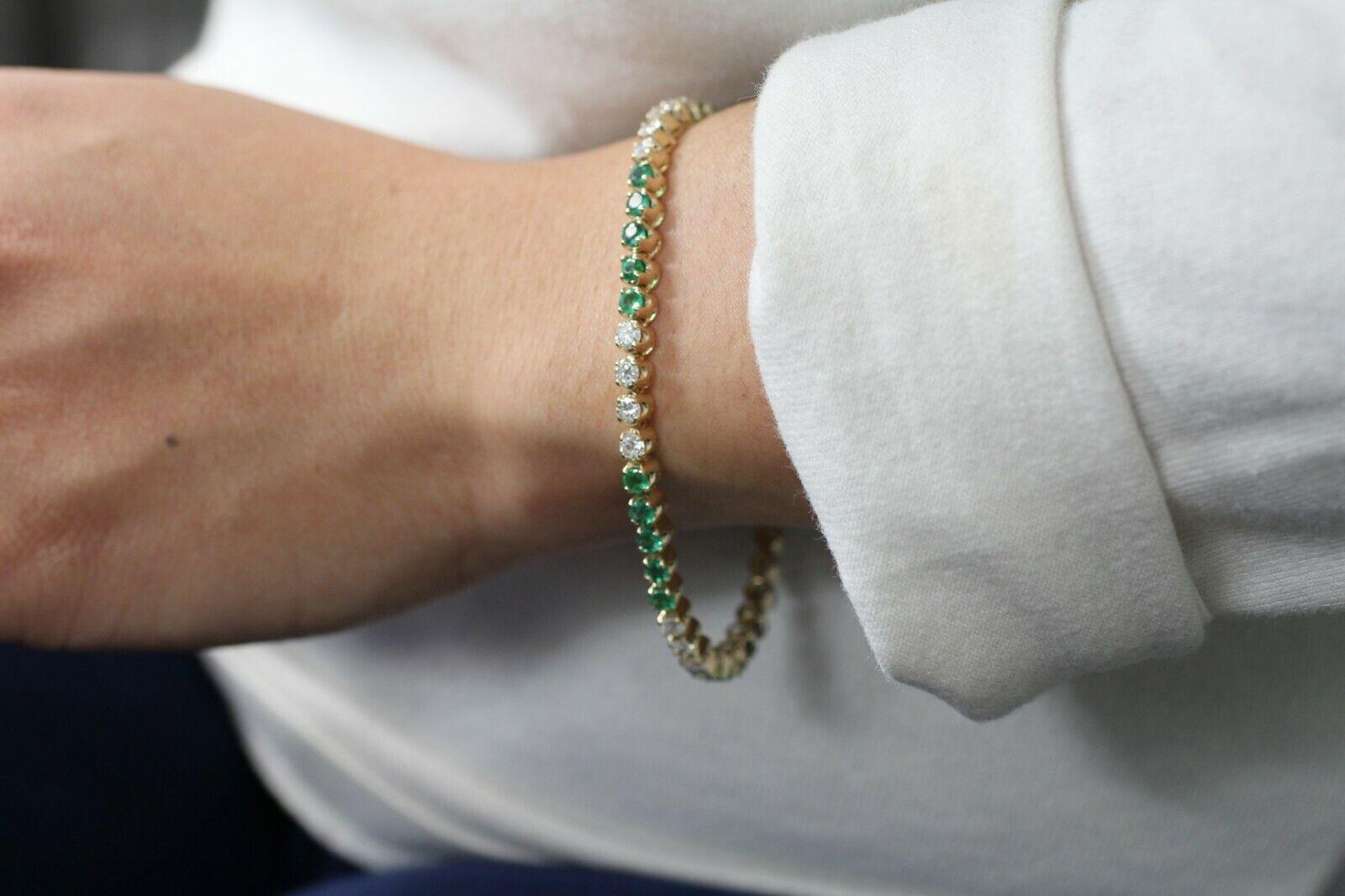 Round Cut 14 Karat Gold Custom Made Bracelet with Very Clean Emeralds and Round Diamonds
