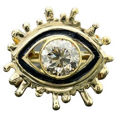 14k Yellow Gold Custom Made "Evil Eye" GIA 1.20ct Diamond and Enamel Ring