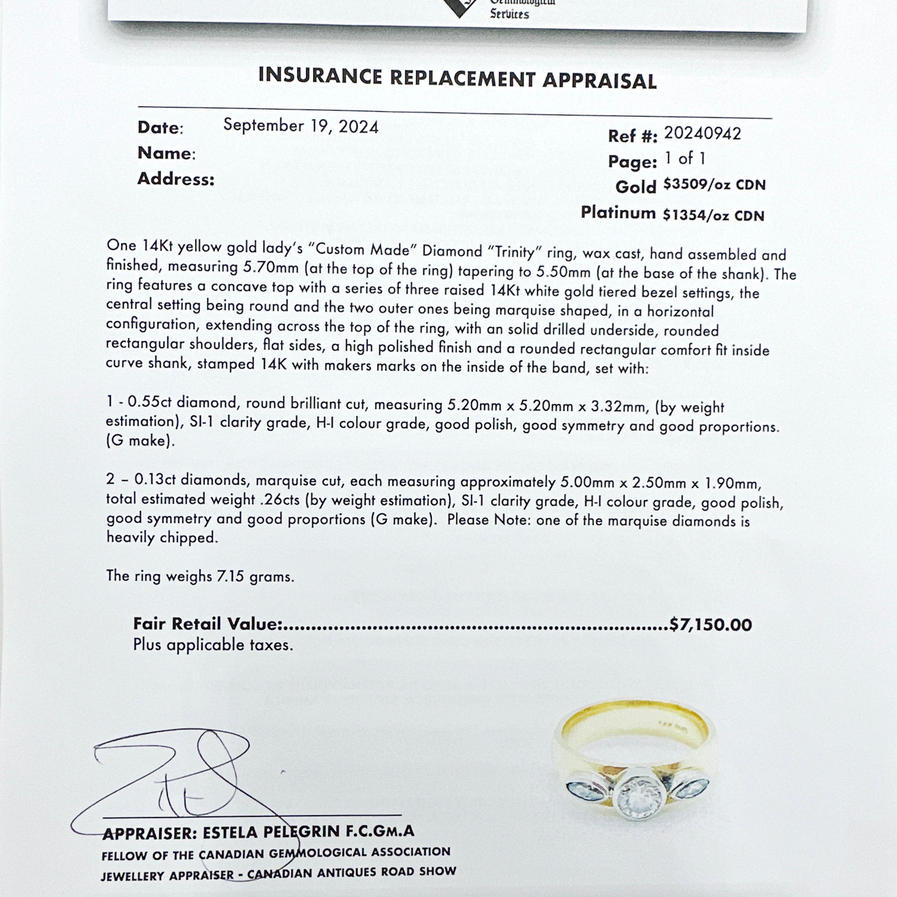 Here is a beautiful 14k Yellow Gold Custom Made Natural Diamond Trinity Ring.

This is a unique and beautifully crafted 14K yellow gold “Trinity” ring, custom-made to showcase a stunning combination of brilliant and marquise-cut diamonds. This