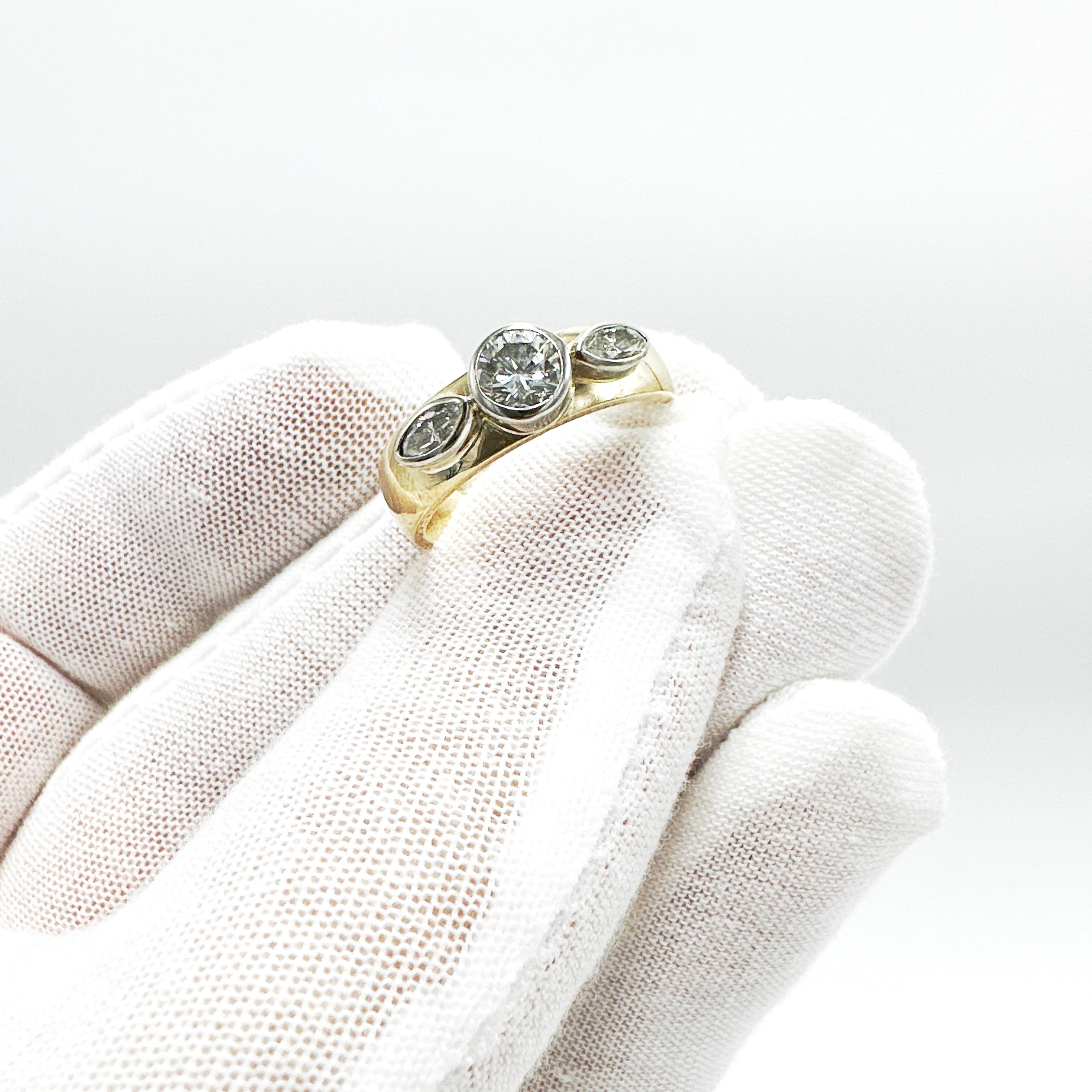 Round Cut 14k Yellow Gold Custom Made Natural Diamond Trinity Ring. 0.81TCW