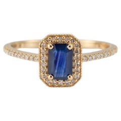 14K Yellow Gold Cut Cornered Rectangular Sapphire Halo Diamond Cocktail Ring