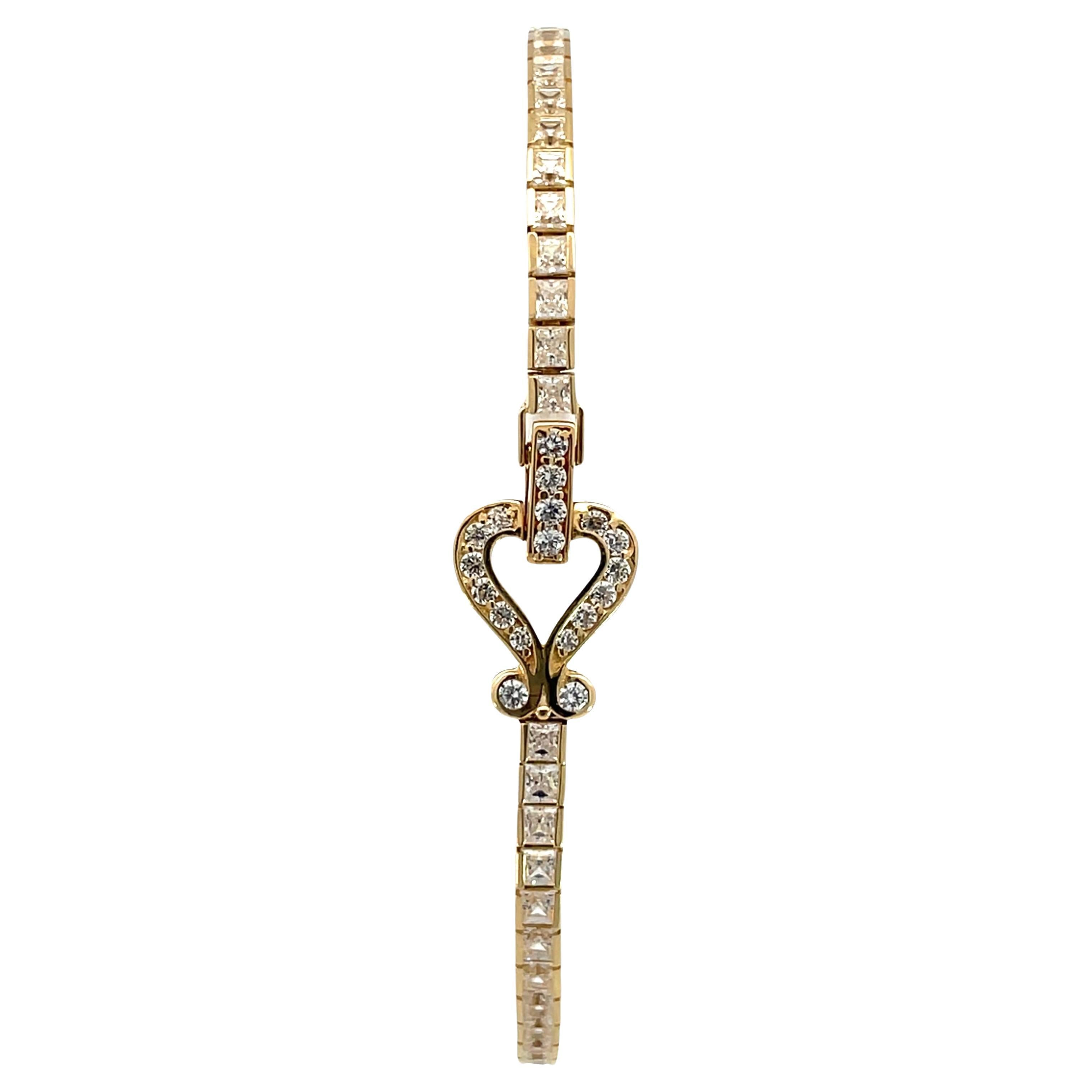 14K Yellow Gold CZ Tennis Bracelet with Heart Clasp For Sale