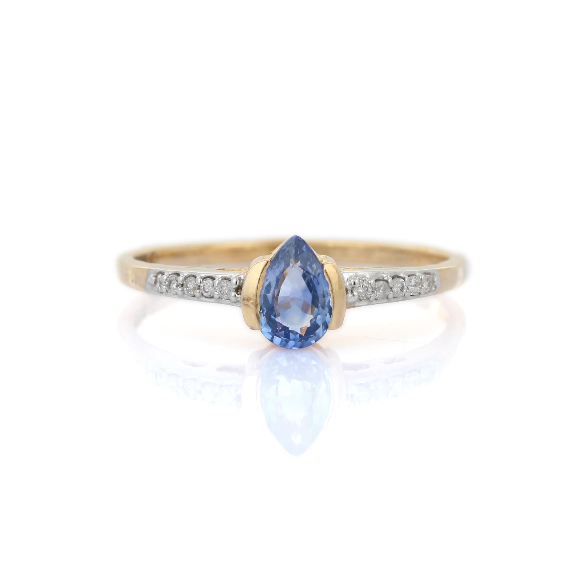 For Sale:  14K Yellow Gold Dainty Pear Blue Sapphire and Pave Diamond Minimalist Ring 2