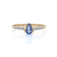 14K Yellow Gold Dainty Pear Blue Sapphire and Pave Diamond Minimalist Ring