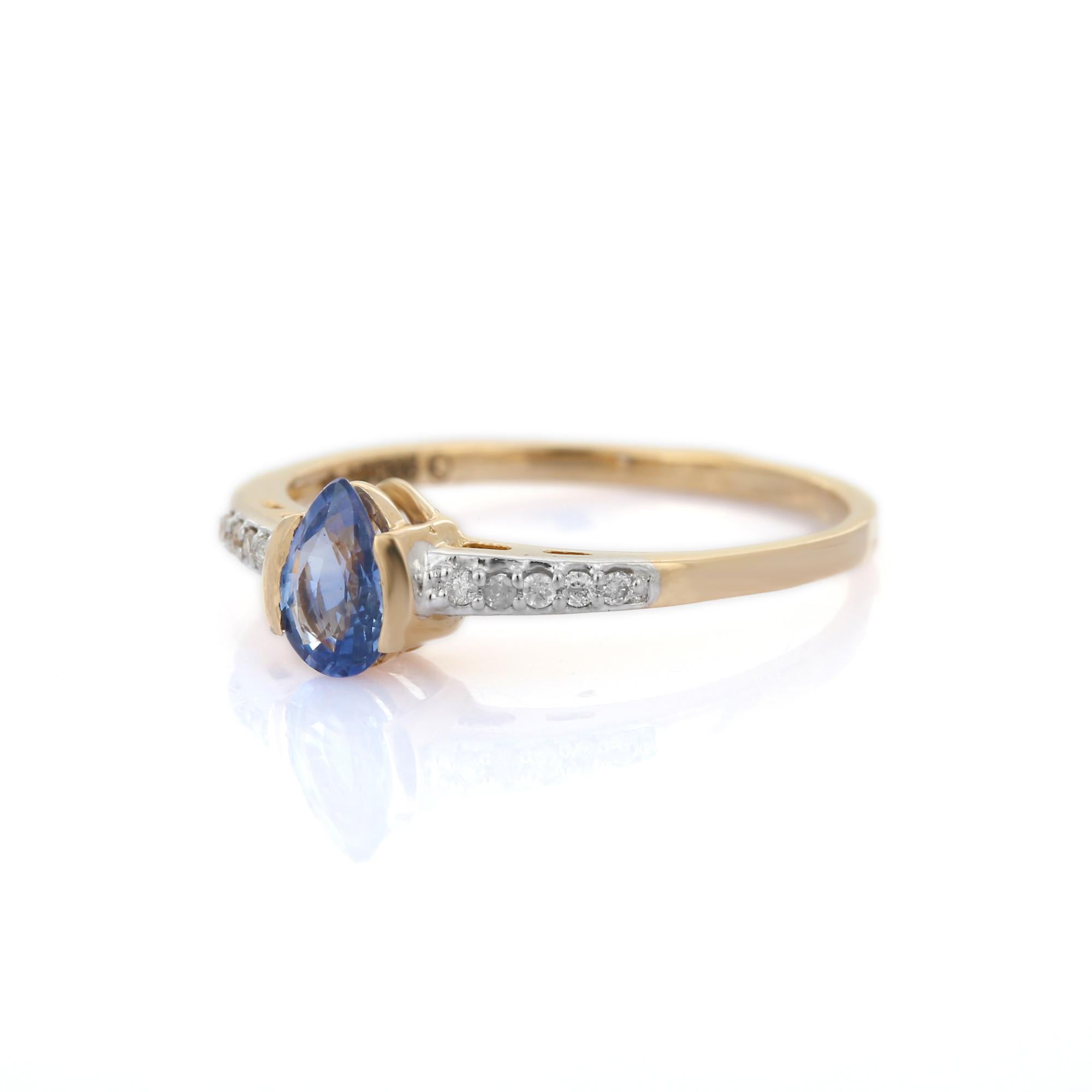 For Sale:  14K Yellow Gold Dainty Pear Blue Sapphire and Pave Diamond Minimalist Ring 3
