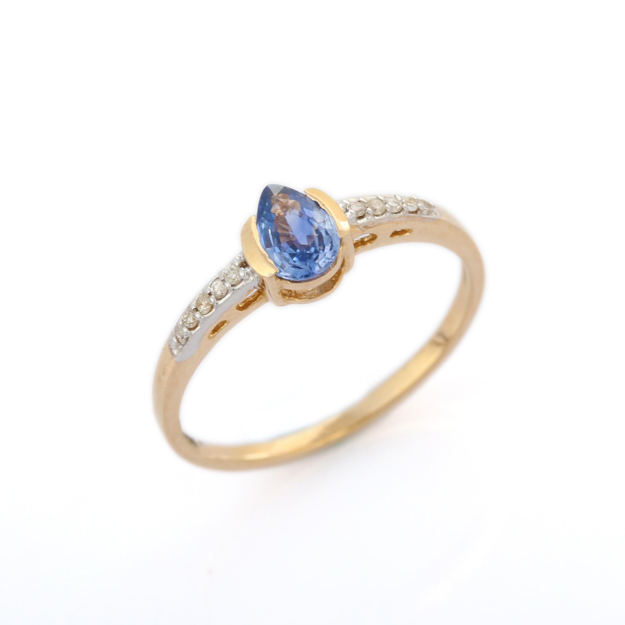 For Sale:  14K Yellow Gold Dainty Pear Blue Sapphire and Pave Diamond Minimalist Ring 5