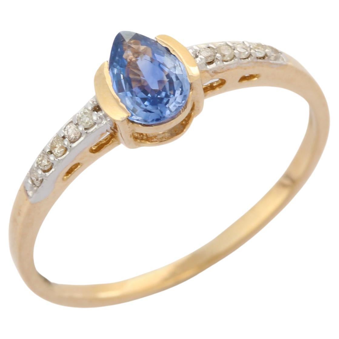 For Sale:  14K Yellow Gold Dainty Pear Blue Sapphire and Pave Diamond Minimalist Ring