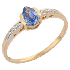 14K Yellow Gold Dainty Pear Blue Sapphire and Pave Diamond Minimalist Ring