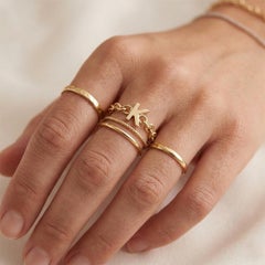 Customized Initial K Charm 14K Yellow Gold Dainty Chain Band Ring Fine Jewelry