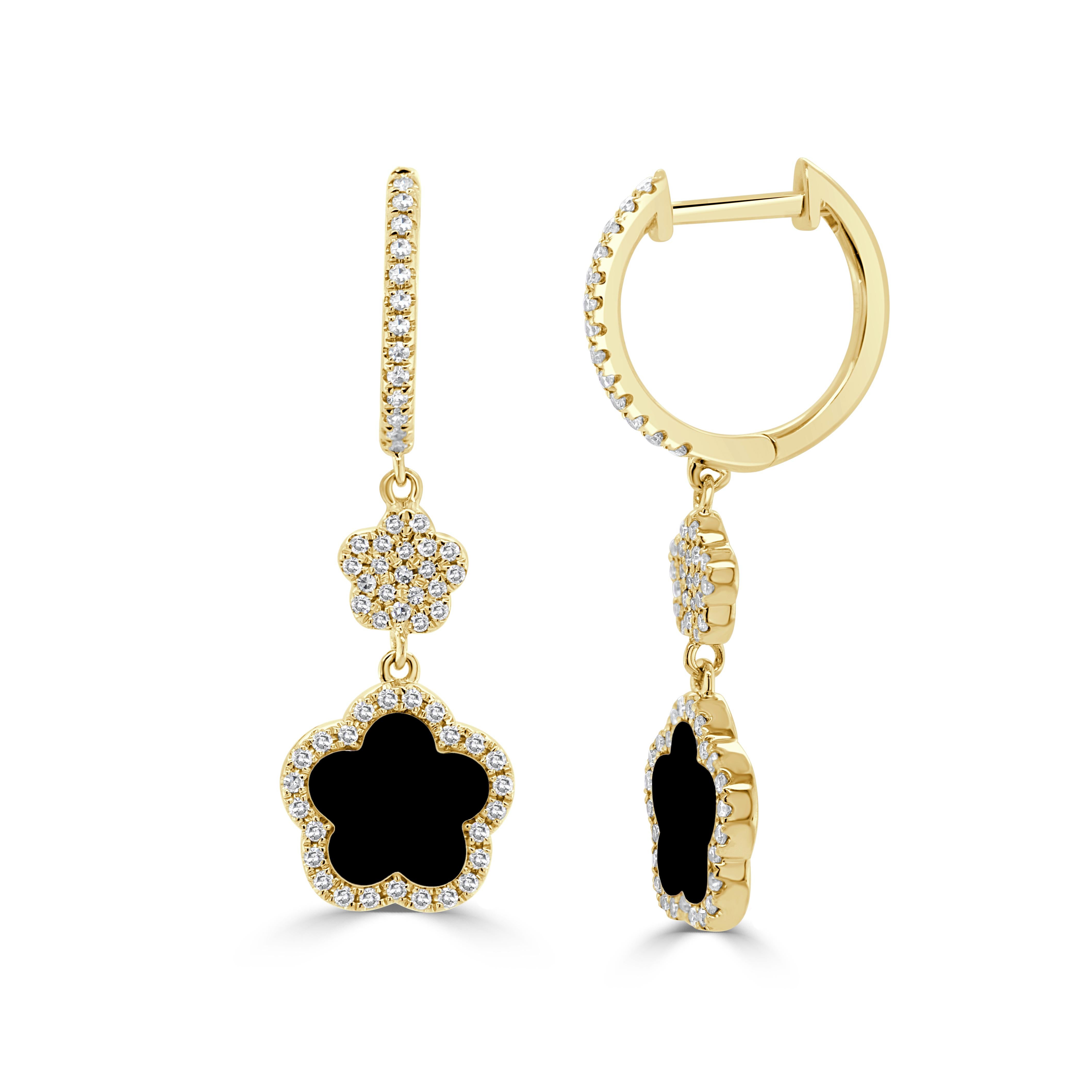 14K Yellow Gold Dangle Diamond 
Onyx Clover Earrings en venta