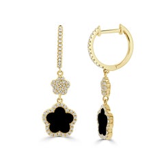 14K Yellow Gold Dangle Diamond 
Onyx Clover Earrings