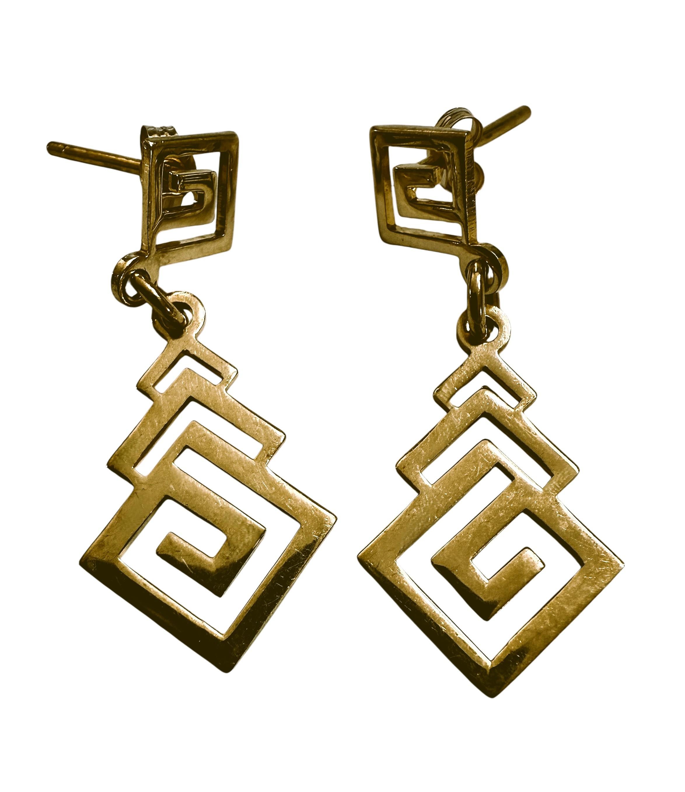 Boucles d'oreilles pendantes géométriques en or jaune 14k en vente 2