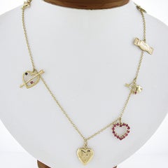 14k Yellow Gold Dangle Hearts Locket & Love Charms on 25" Cable Link Necklace