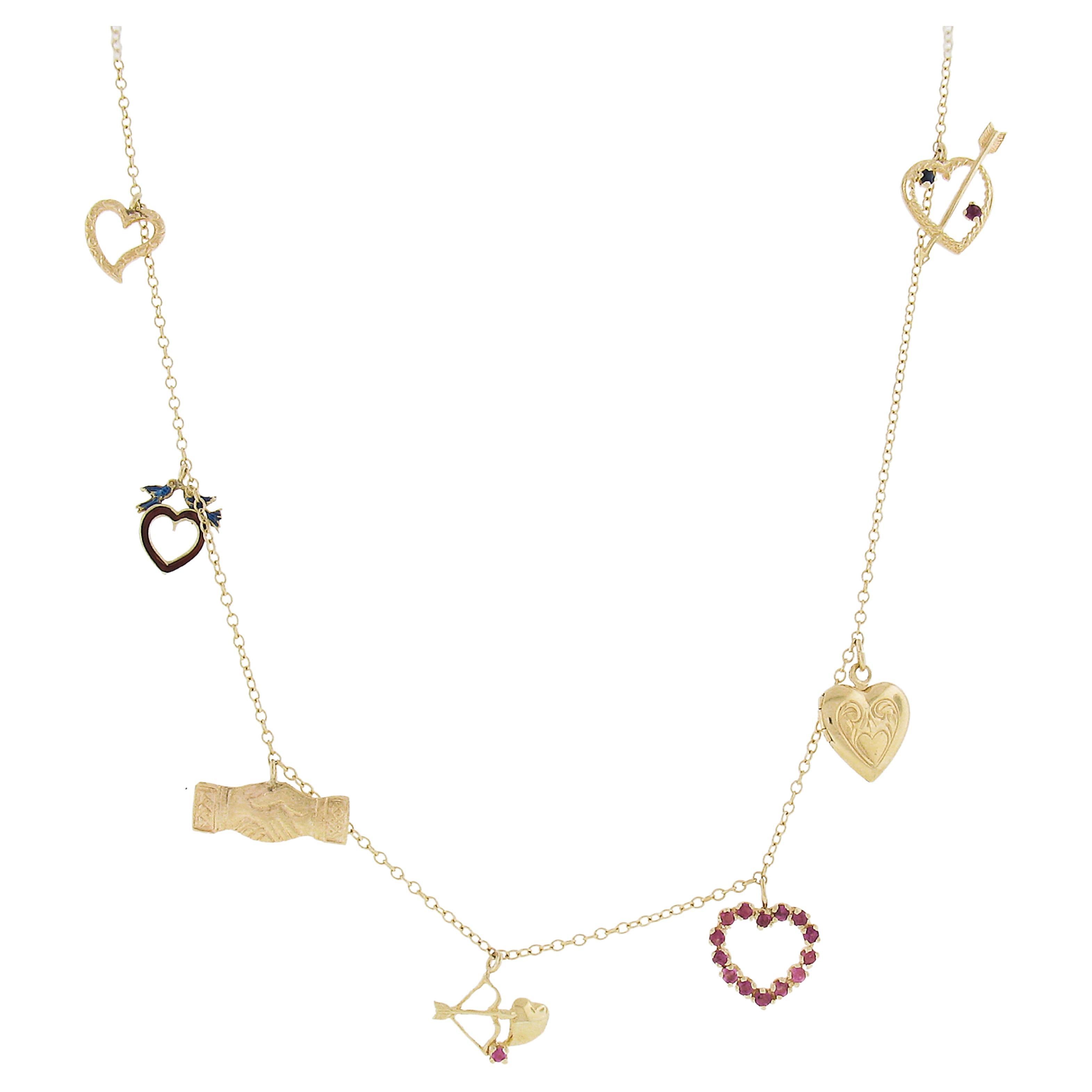 14k Yellow Gold Dangle Hearts Locket & Love Charms on 25" Cable Link Necklace