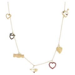 14k Yellow Gold Dangle Hearts Locket & Love Charms on 25" Cable Link Necklace