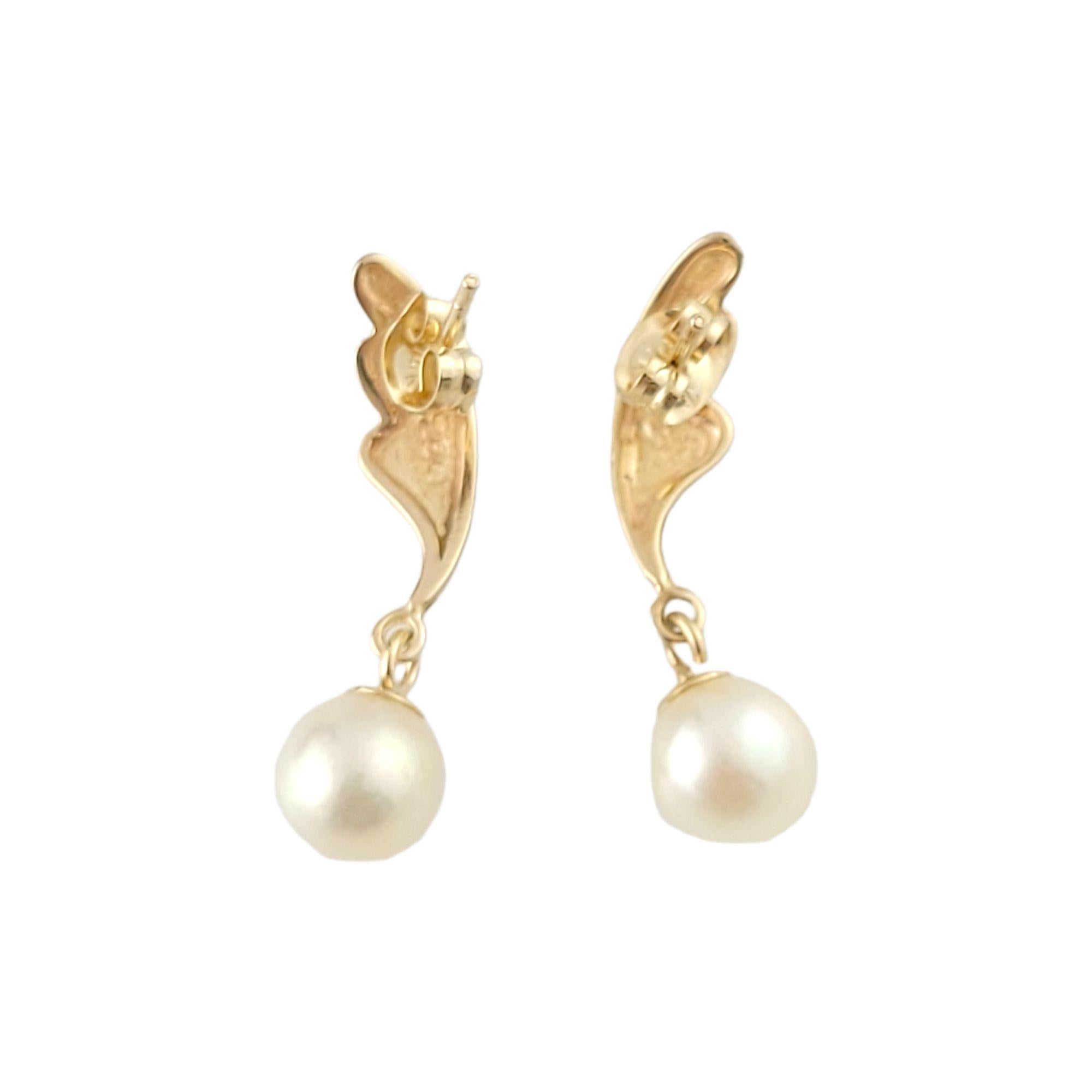 Round Cut 14K Yellow Gold Dangle Pearl Earrings #13590