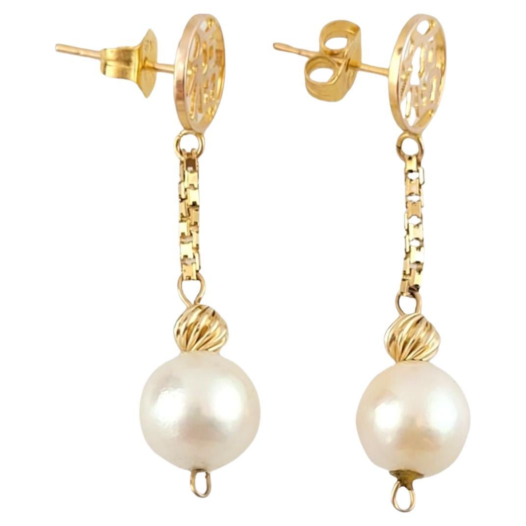 14K Yellow Gold Dangle Pearl Earrings #14613 For Sale