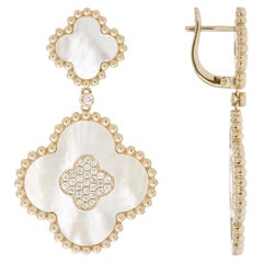 14K Yellow Gold Dangling Quatrefoil Earrings with Mother of Pearl and Diamonds