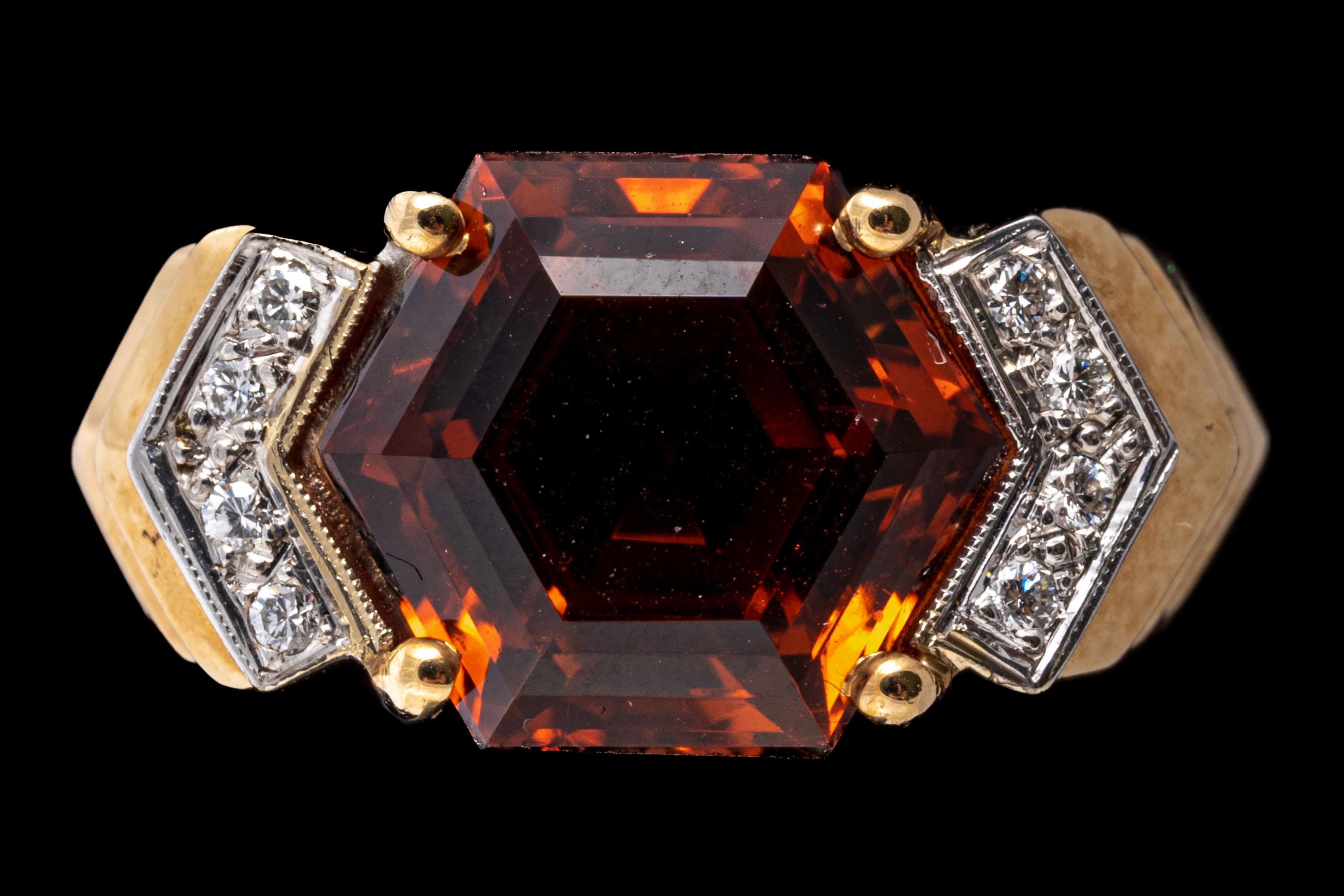 Contemporary 14k Yellow Gold Dark Orange Hexagonal Citrine And Diamond Deco Style Ring For Sale