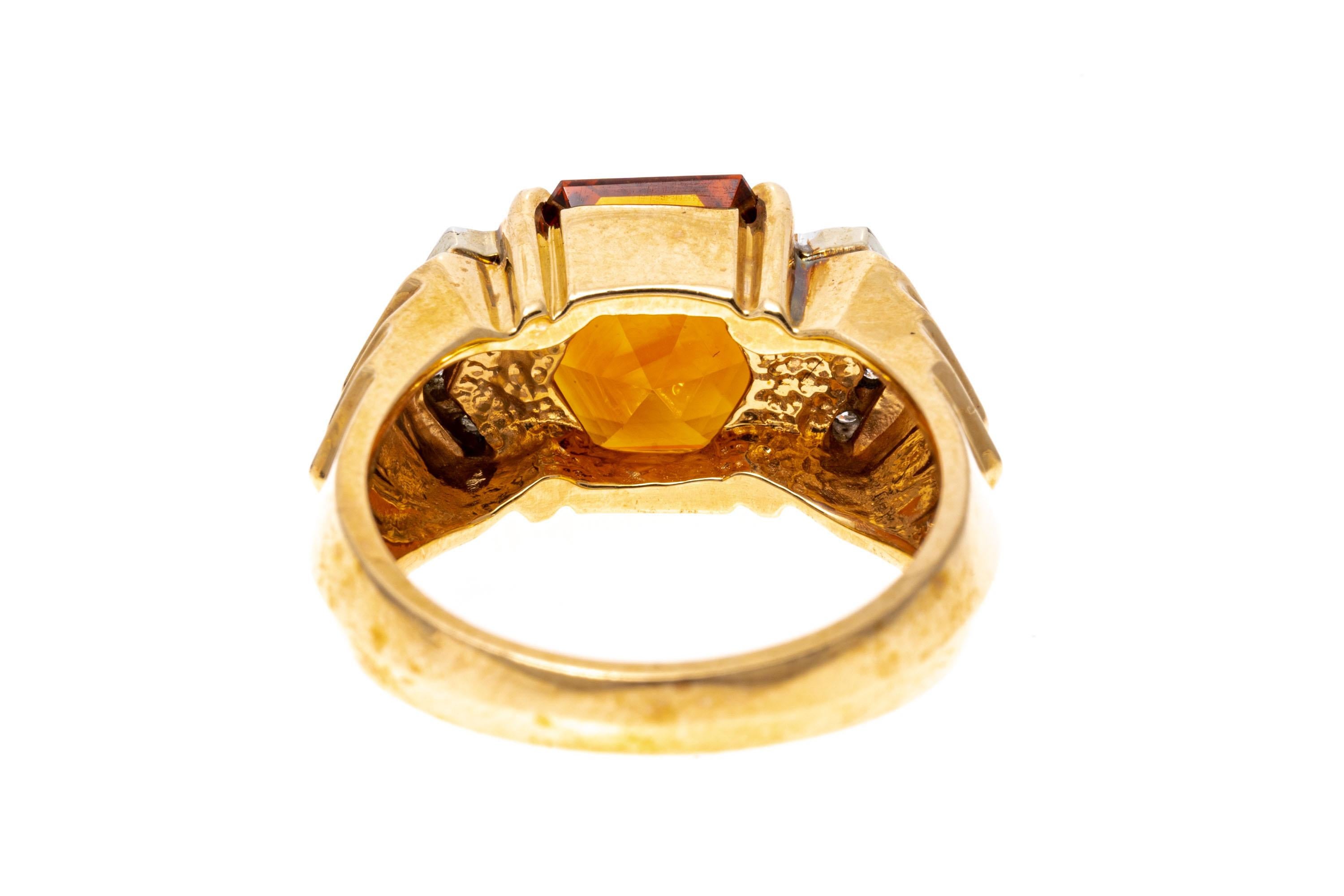Hexagon Cut 14k Yellow Gold Dark Orange Hexagonal Citrine And Diamond Deco Style Ring For Sale