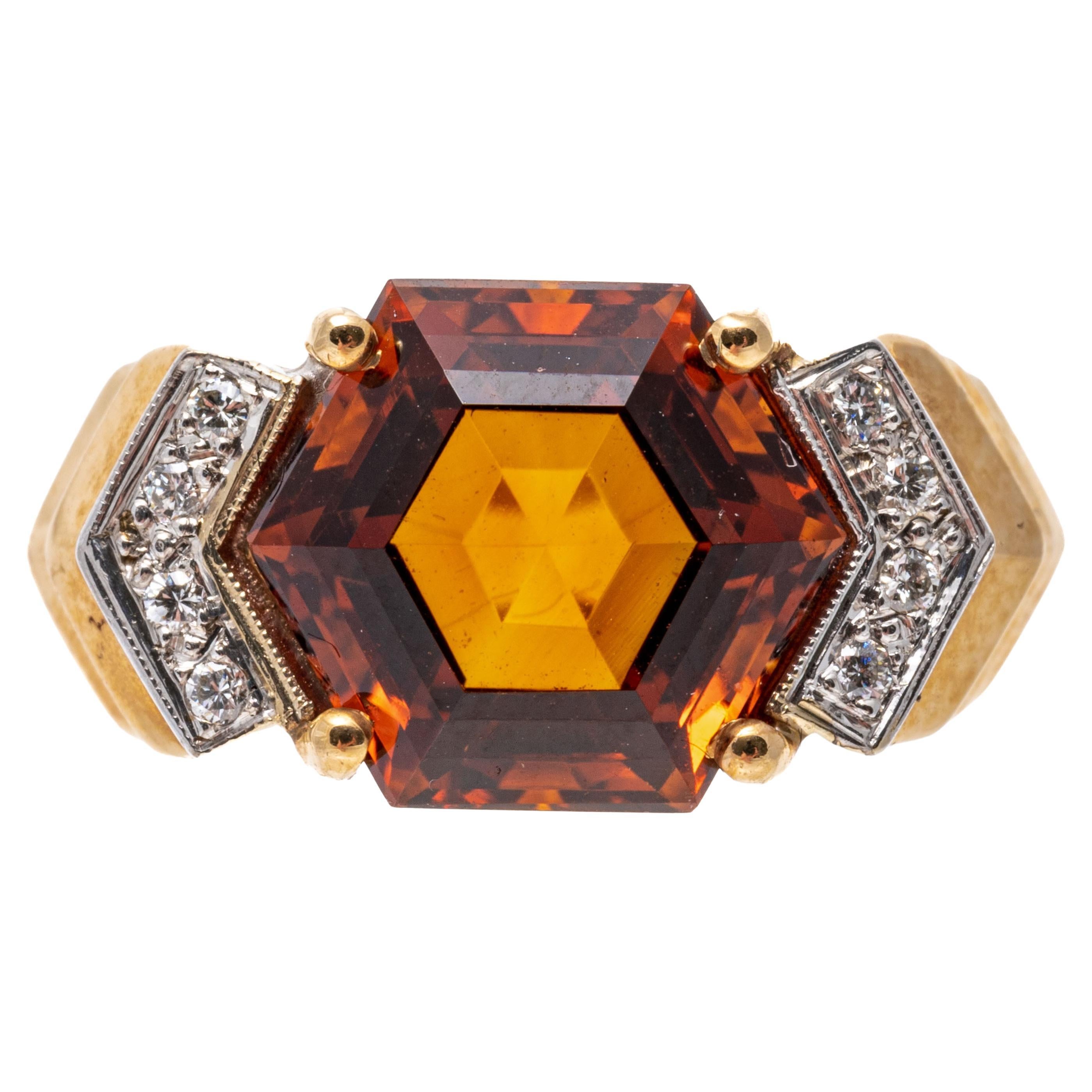 14k Yellow Gold Dark Orange Hexagonal Citrine And Diamond Deco Style Ring For Sale