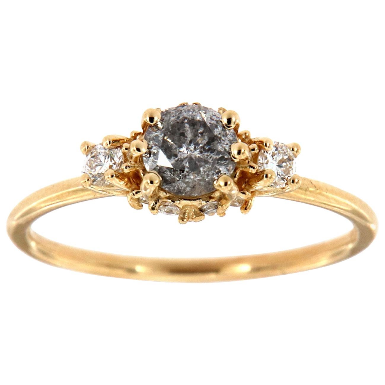 14K Yellow Gold Delicate Round Salt and Pepper Diamond Ring Center: 0.46 Carat