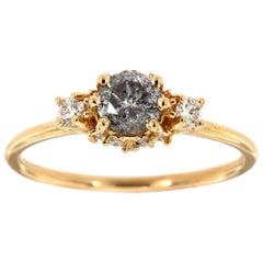 14K Yellow Gold Delicate Round Salt and Pepper Diamond Ring Center: 0.46 Carat