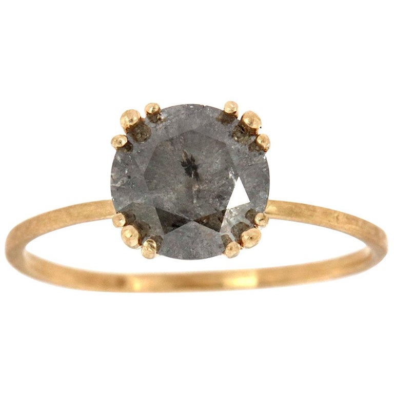 14K Yellow Gold Delicate Round Salt and Pepper Diamond Ring 'Center -1.73 Carat'