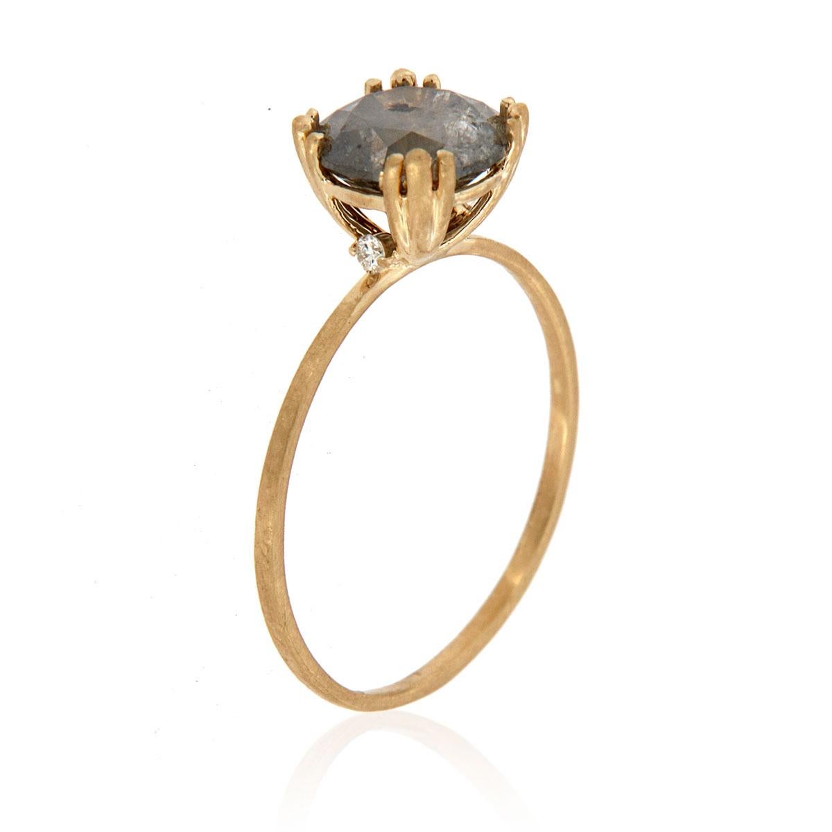 This delicately handcrafted, one-of-a-kind rustic, organically designed ring features a Salt & Pepper 1.73-carat round shape natural diamond. Two round diamonds are evenly set underneath a floral 12 delicate prongs on a 1.2mm wide lightly hammered