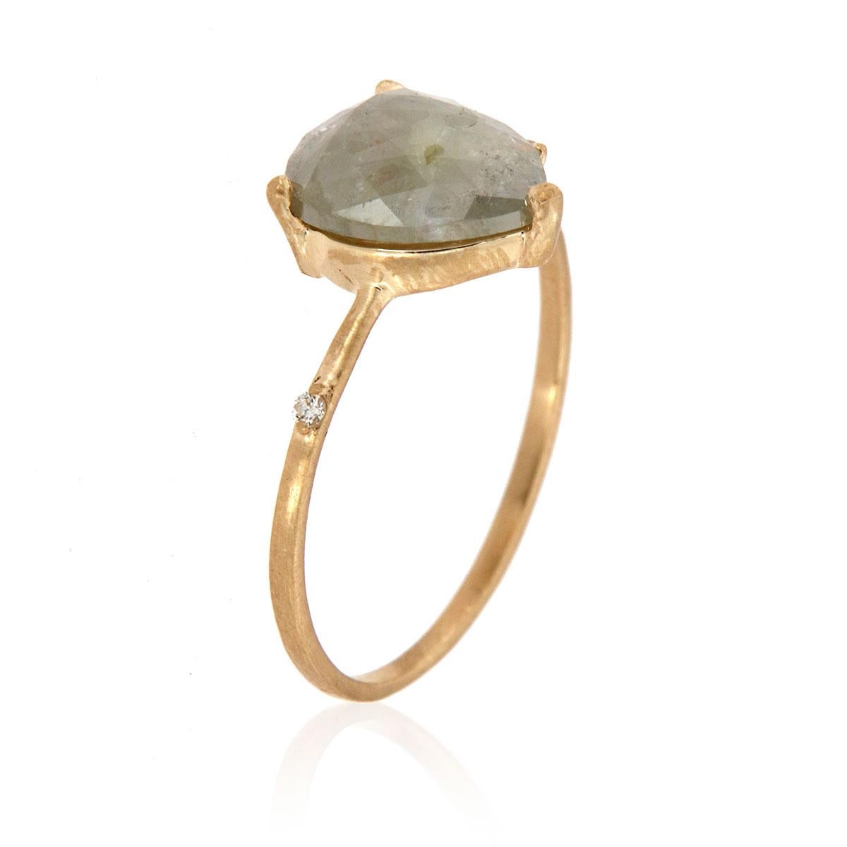 This delicately handcrafted one-of-a-kind rustic, organically designed ring features an Icey color 1.59-carat rosetta cut pear shape natural diamond. Four round diamonds are scattered unevenly on a 1.2 mm wide lightly hammered matte-finished shank